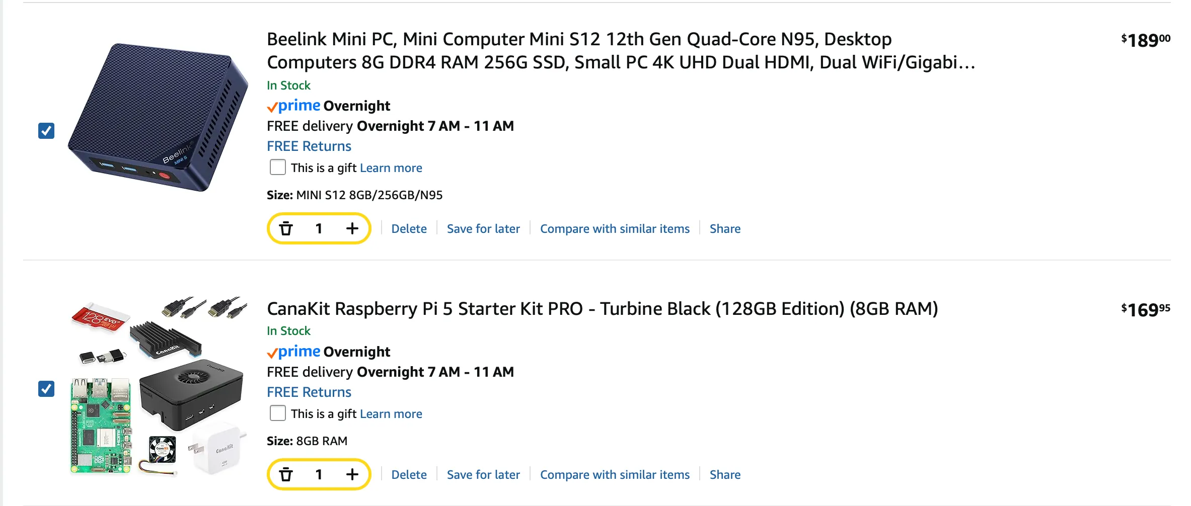 Side-by-side Amazon carts comparing Raspberry Pi and mini PC costs