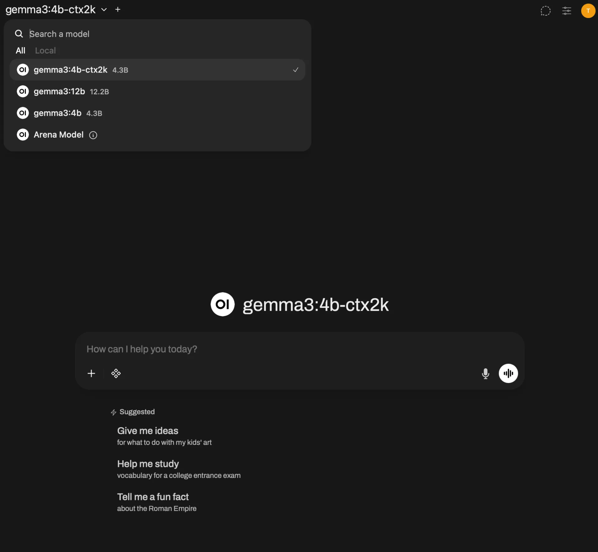 Screenshot of OpenWebUI showing Gemma running locally